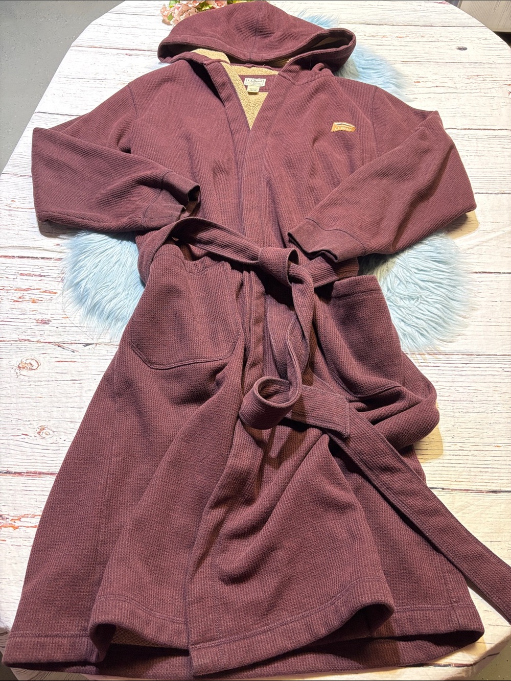 L.L. Bean Waffle Knit Maroon Hooded Robe sz M